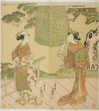 Aktörler Ichimura Uzaemon IX Shume no Hangan Morihisa (sağda) ve Sanogawa Ichimatsu II Chujo olarak (solda), Play Edo no Hana Wakayagi Soga, Ichimura Tiyatrosu