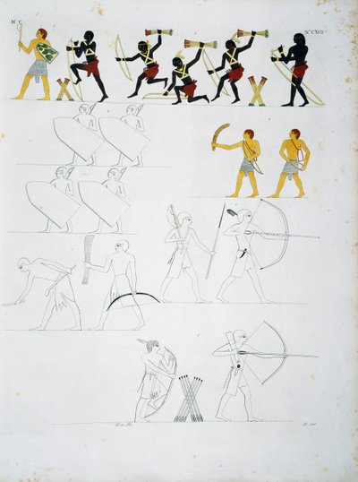 Beni Hasan'ın mezarlarından askeri sahneler, oklu ve yaylı askerler, Plate CXVIII, Mısır ve Nubia anıtlarından: sivil anıtlar by Ippolito Rosellini