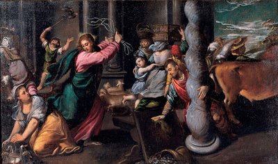 Le Christ chassant les Marchands du temple - Mesih Tefecileri Tapınaktan Sürerken - Tablo Ippolito Scarsellino (Scarsella) (1551-1620), Tuval üzerine yağlıboya 1580-1585 (68x116 cm) - Musei Capitolini, Roma by Ippolito Scarcella