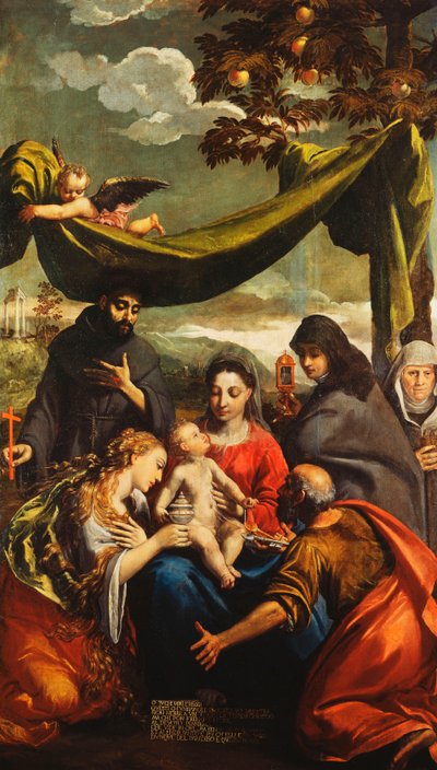Aziz Mary Magdalene, Peter, Clare ve Francis ile Madonna ve Çocuk ve başrahibe portresi by Ippolito Scarsella
