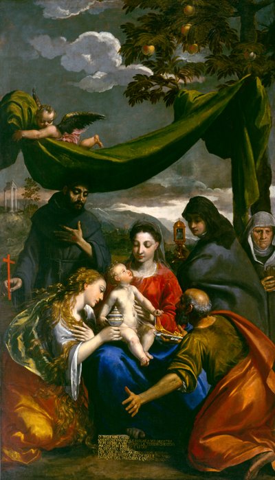 Bakire ve Çocuk, Aziz Mary Magdalene, Peter, Clare, Francis ve bir Abbess ile, c.1600 by Ippolito Scarsella