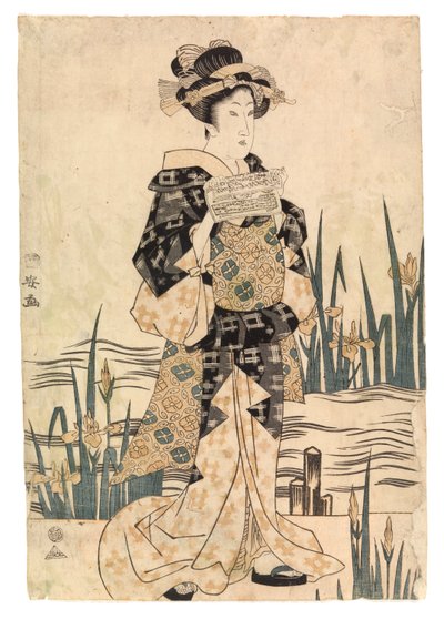 Köprüde kağıt okuyan bayan 'bijin', 1811-17 civarı (renkli gravür) by Ipposai Kuniyasu