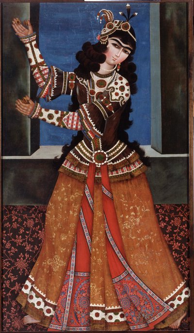 Kastanyetli Dansçı - İranlı bir ustanın tablosu, tuval üzerine yağlı boya (158x90 cm), 19. yüzyıl başı - Kastanyetli Dans Eden Kız, İranlı bir ustanın tuval üzerine yağlı boyası, 19. yüzyıl başı - Devlet İnziva Yeri, St. Petersburg by Iranian School