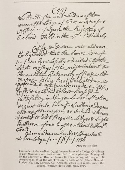 Bilinen en eski Sertifika (İrlanda), 1762 Grand Lodge