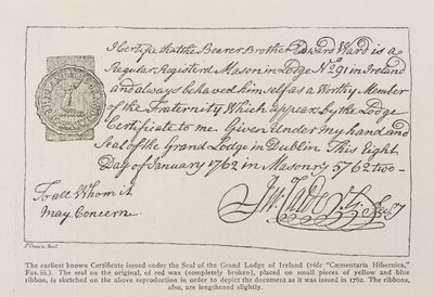 1762 tarihli İrlanda Büyük Locası Mührü altında verilen bilinen en eski Sertifikanın tıpkıbasımı by Irish School