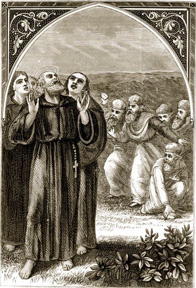 Mary Cusack (1829-99) tarafından yazılan The Trias Thaumaturga veya Three Wonder-Working Saints of Ireland, St. Columba ilahileri ve Druidler tarafından saldırıya uğradı, 1890