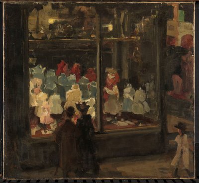Vitrin Moda deposu Bahlmann & Co, Nieuwendijk 202, Amsterdam, geceleri batık giriş sundurma ile sol vitrin by Isaac Israels