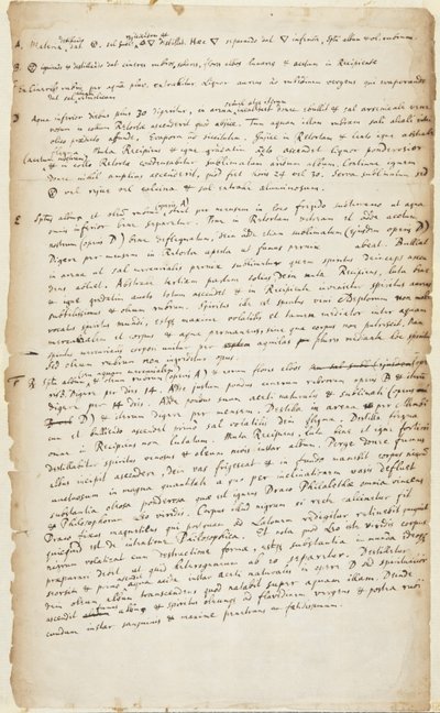 Damıtma ile başlayan, ardından yakma, daha fazla damıtma, kaynatma, kalsinasyon ve süblimleştirme ile başlayan altı aşamalı bir deneyin kaydı, c.1700 by Isaac Newton