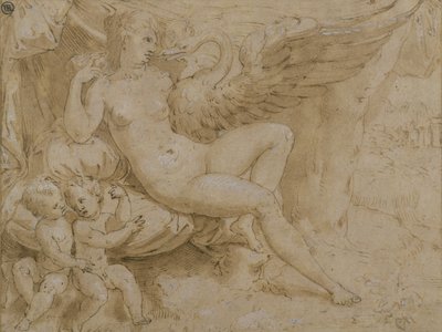 Leda ve Kuğu (kalem ve mürekkep, yıkama ve kağıt üzerinde beyaz gövde rengi) by Isaac Oliver