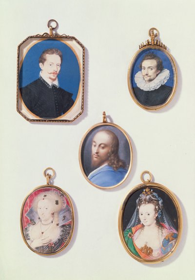 Miniatures. from LtoR, TtoB: Sir Arundel Talbot; Unknown Man; Head of Christ; Anne of Denmark (1574-1619); Lady in Masque Costume by Isaac Oliver