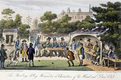 The Bowling Alley or Characters of the Hand and Glove Club- in “” The English Spy”” by Charles Molloy Westmacott, drawing by Robert Cruikshank, London Edition by Isaac Robert Cruikshank
