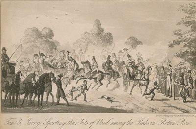 Tom ve Jerry, Rotten Row'daki pembeler arasında kan parçalarıyla oynuyorlar. by Isaac, Robert and George Cruikshank