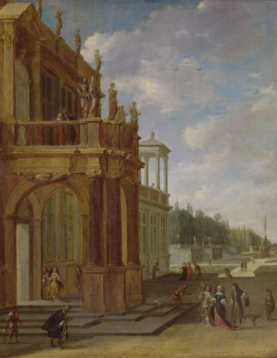 İnsanlar bir sarayın terasında by Isaac van Nickele