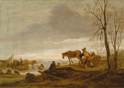 Donmuş bir nehir üzerinde figürlerin yer aldığı bir kış manzarası by Isaac van Ostade