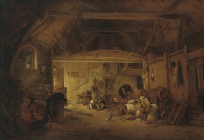 Almanca: Scheuneninterieur İki çocuğun yemek yediği ve bir adamın çalıştığı bir ahır içi by Isaac van Ostade