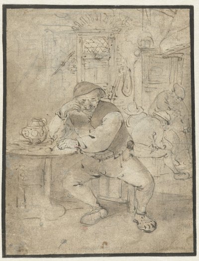 Bir masaya yaslanmış çiftçi oturuyor by Isaac van Ostade