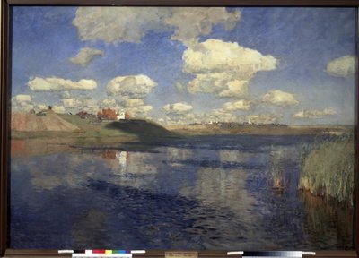 Göl. Sazlıklarla çevrili gölün, kıyılarında, bir köyün ve ekili alanların genişliğinin görünümü. Tablo Isaac (Isaak) Ilyich Levitan (1860-1900), tuval üzerine yağlı boya by Isaak Ilyich Levitan
