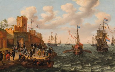 Bir Hollandalı Üç Usta ve Bir Papalık Kadırgası, Müstahkem Bir Kasabanın Sahili Boyunca Diğer Gemilerle, c.1662 (panelde yağ) by Isaak Willaerts