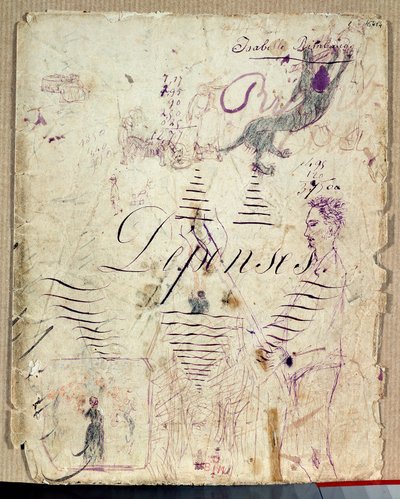 Arthur Rimbaud hasata yardım ediyor. Isabelle Rimbaud tarafından bir harcama kitabının taslakları üzerine mor mürekkeple çizim by Isabelle Rimbaud