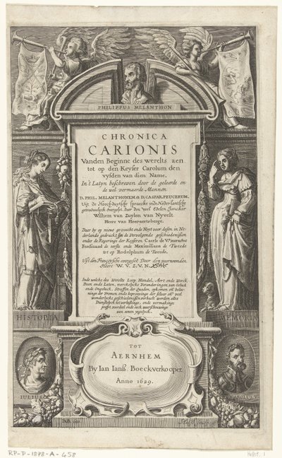 P. Melanchthon tarafından yazılan Chronica Carionis için başlık sayfası Dünyanın başlangıcından Chronica Carionis aen tot den Keyser Carolum (nesne üzerindeki başlık) by Isaeck van Aelst