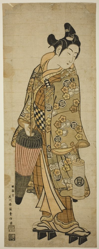 Aktör Sanogawa Ichimatsu I, elinde şemsiye ve fener tutan genç bir adam olarak by Ishikawa Toyonobu