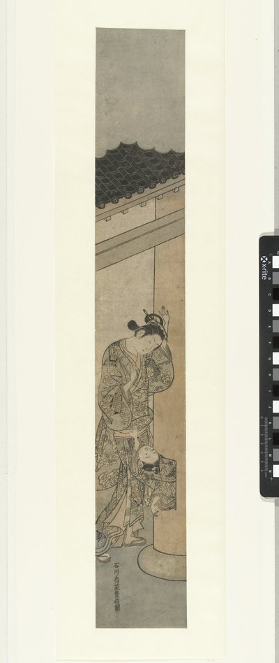Çocuğa bakan kadın, sütundaki delikten sürünerek çıkıyor. by Ishikawa Toyonobu