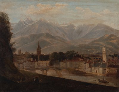 Arka planda Belledonne sıradağları olan Grenoble'ın görünümü 1831 (Tuval üzerine yağlı boya) by Isidore Dagnan