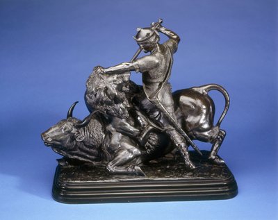 Bir boğaya saldıran aslanı öldüren bir kral, 1874 dolayları (siyah patine bronz) by Isidore Jules Bonheur