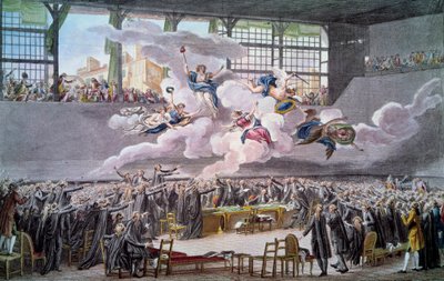 Fransız Devrimi: “” Le oath du jeu de Paume le 20 juin 1789”” Milletvekilleri, bir Anayasa düzeltilinceye kadar birbirlerinden ayrılmayacaklarına yemin ederler. Isidore Helman (1743-1809) 1789 Paris, B.N. by Isidore Stanislas Helman