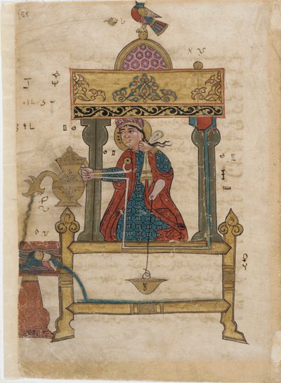 Yıkama mekanizmalı el yıkama otomatı, The Book of Ingenious Mechanical Devices; Al-Djazari, 1315 (kağıt üzerinde opak wc, mürekkep ve altın) by Islamic School