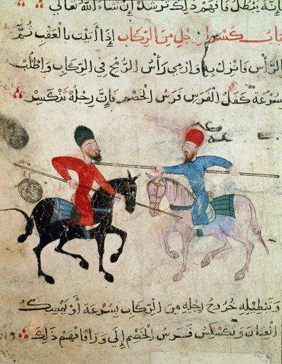 İslam Sanatı: Fatımi (10-11. yüzyıl) döneminden parşömen üzerine çizim - İki atlı arasındaki düello sahnesi - Papirüs üzerine resim - Kahire, İslam Eserleri Müzesi by Islamic School