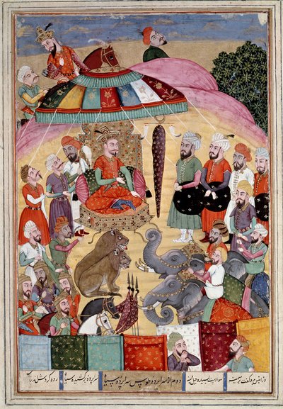 İslam Sanatı: “” Sohrab (Sahrab) kralın çadırının önünde”” Firdevsi (Firdevsi veya Ferdawsi) tarafından yazılan “” Shahnameh” (Şahname, Shahnama) (Krallar Kitabı) destansı şiirinin bir el yazmasından Farsça minyatür, veya Firdousi, yaklaşık 940-1020 civarı by Islamic School