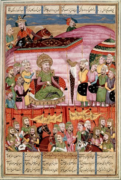 İslam Sanatı: “” Sohrab (Sahrab) Rüstem çadırında duruyor””” Firdevsi (Firdevsi veya Ferdavsi) tarafından yazılan “” Şehname” (Şahname, Şehnâme) (Krallar Kitabı) adlı epik şiirin el yazmasından Farsça minyatür , veya Firdousi, yaklaşık 940-1020 civarında)  by Islamic School