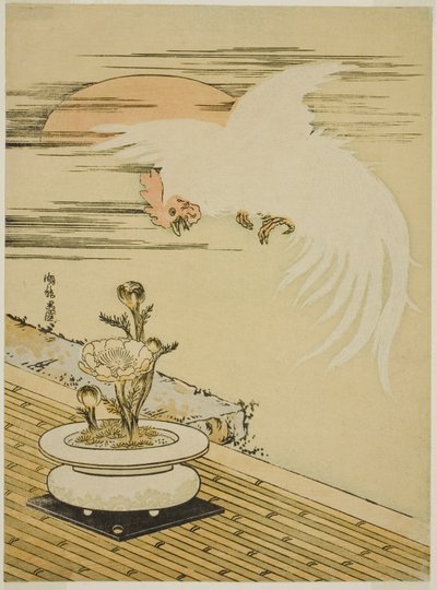 Adonis Pot Üzerinde Uçan Horoz by Isoda Koryusai