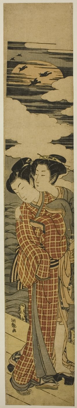 Mehtaplı Bir Gecede Kucaklayan Bir İskelede Duran Çift by Isoda Koryusai