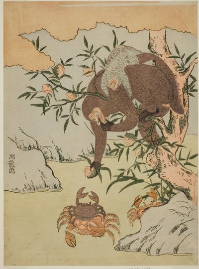 Yengeçlerle oynayan maymun by Isoda Koryusai