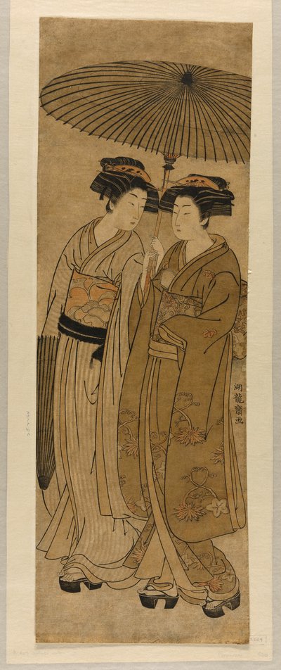 Bir Şemsiye Altında Yürüyen İki Genç Kadın by Isoda Koryusai