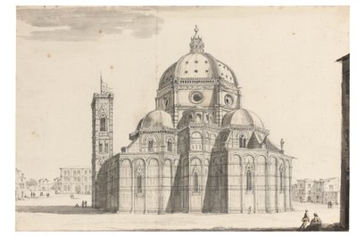 Duomo ve Campanile, Floransa (siyah tebeşir, tükenmez kalem ve gri mürekkep, filigran cihazı ile kağıt üzerinde kahverengi ve gri yıkama) by Israel the Younger Silvestre