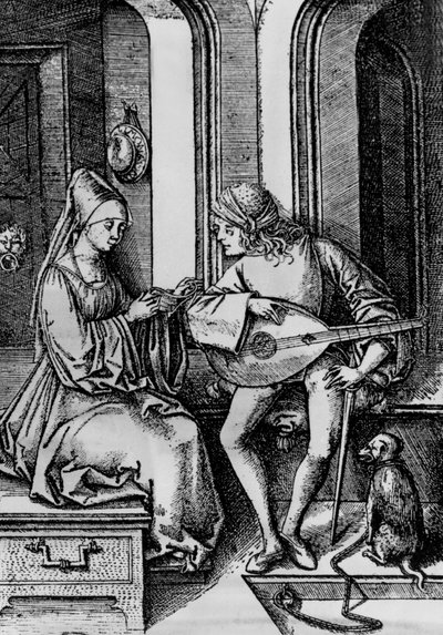 Bir erkek ud çalarken şarkı söyleyen bir kadın (gravür) by Israhel van the younger Meckenem