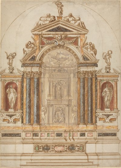 Heykellerle Süslenmiş Renkli Mermerden Ayrıntılı Bir Sunak by Italian 17th Century