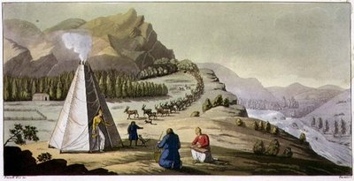 Dağdan İnen Ren Geyiği Sürüsü ile Bir Laplander Kulübesi veya Sekizgen Çadır, 
