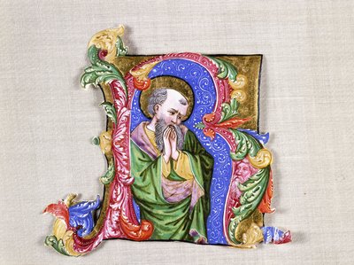 A Praying Saint, büyük bir geçmişe sahip başlangıç R, c.1400 (geçmişe geçmiş bir başlangıç, parşömen üzerindeki bir antifonalden kesilmiş) by Italian School