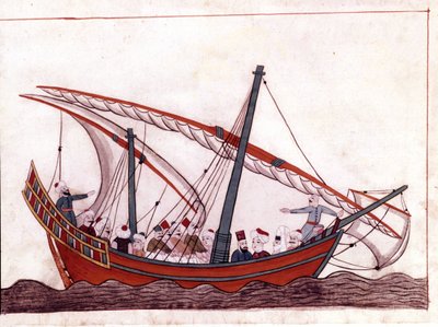 Bir Türk teknesi. “Türk Anıtları”ndan minyatür (codex Cicogna 1971 “Memorie Turchesche”) 17. yüzyıl Venedik okulundan suluboya. by Italian School