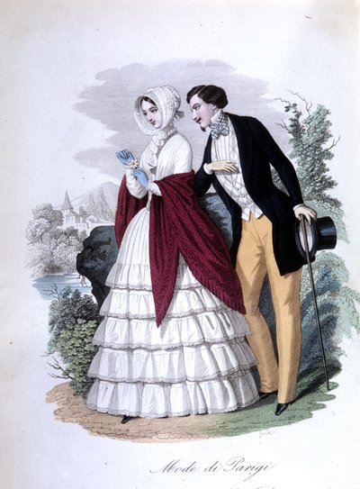 Galante sahnesi: şık Parislilerden oluşan zarif bir çift. 1848 (gravür) by Italian School