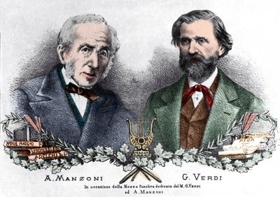 Alessandro Manzoni ve Giuseppe Verdi, Messa da Requiem vesilesiyle (renkli gravür) by Italian School