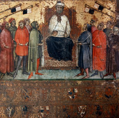 Siena şehrinin hükümetinin bir iple sembolik olarak bağlı vatandaşlarla çevrili olduğu alegorisi Bir Biccherna