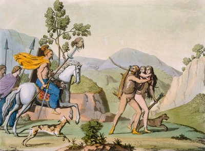 Bir akındaki antik Kelt savaşçıları, avlanmaya çıkan bir çiftle karşılaşırlar, c.1800-18 (renkli gravür) by Italian School