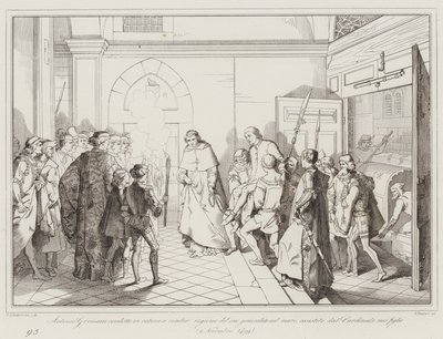 Antonio Grimani, denizdeki generalliğini hesaba katmak için zincirlere vurdu, yardım etti ... (gravür) by Italian School