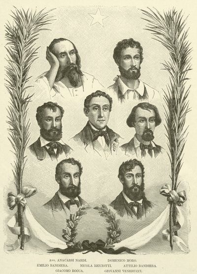 Avv Anacarsi Nardi, Domenico Moro, Emilio Bandiera, Nicola Ricciotti, Attilio Bandiera, Giacomo Rocca, Giovanni Venerucci (gravür) by Italian School