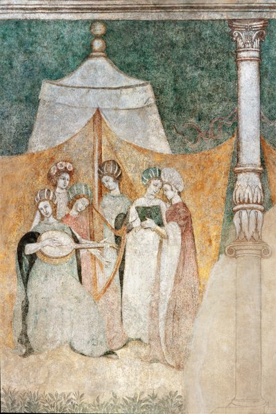 Bicocca degli Arcimboldi: 15. yüzyıl fresk, müzik çalan kadınların detayı (fresk) by Italian School
